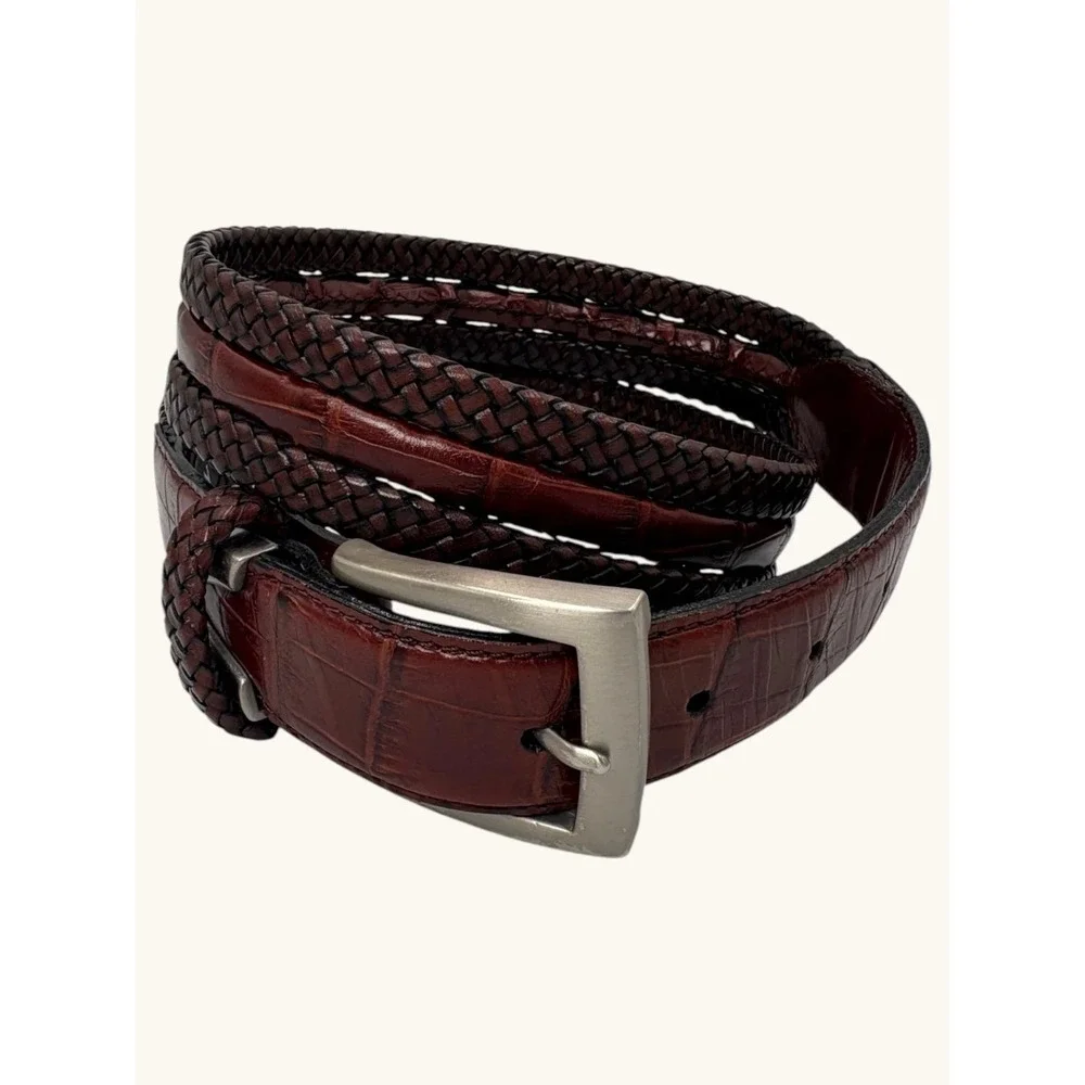 Brighton Mahogany Croc Embossed Leather Braided Belt Brown Silver Buckle 32